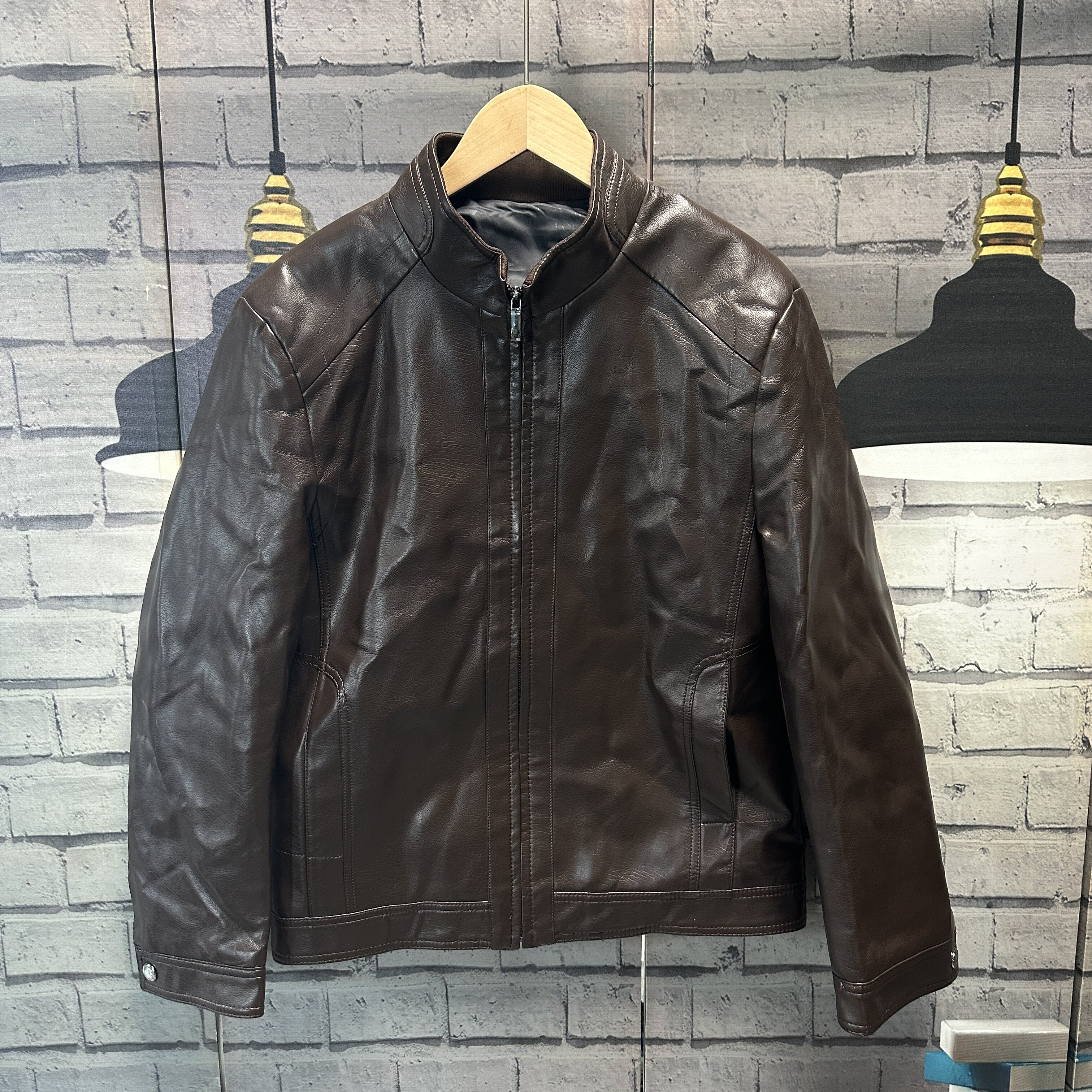 男装立领小个子瘦人皮衣外套有内衬加绒夹克袖子夹棉外套505