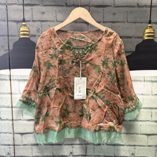 新中式 刺绣拼接苎麻印花盘扣上衣C642 宽松中袖