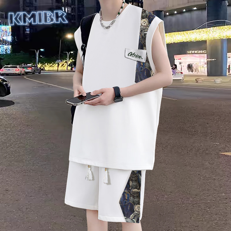 青少年夏季国风背心t恤男孩12-15岁初中学生13大童篮球服运动套装