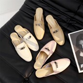 锁扣懒人鞋 羊皮包头半拖鞋 女外穿凉拖真皮2025年春夏新款 平底穆勒