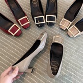 粗跟方扣单鞋 2025年春季 新款 网红漆皮中跟方头浅口舒适婚百搭通勤