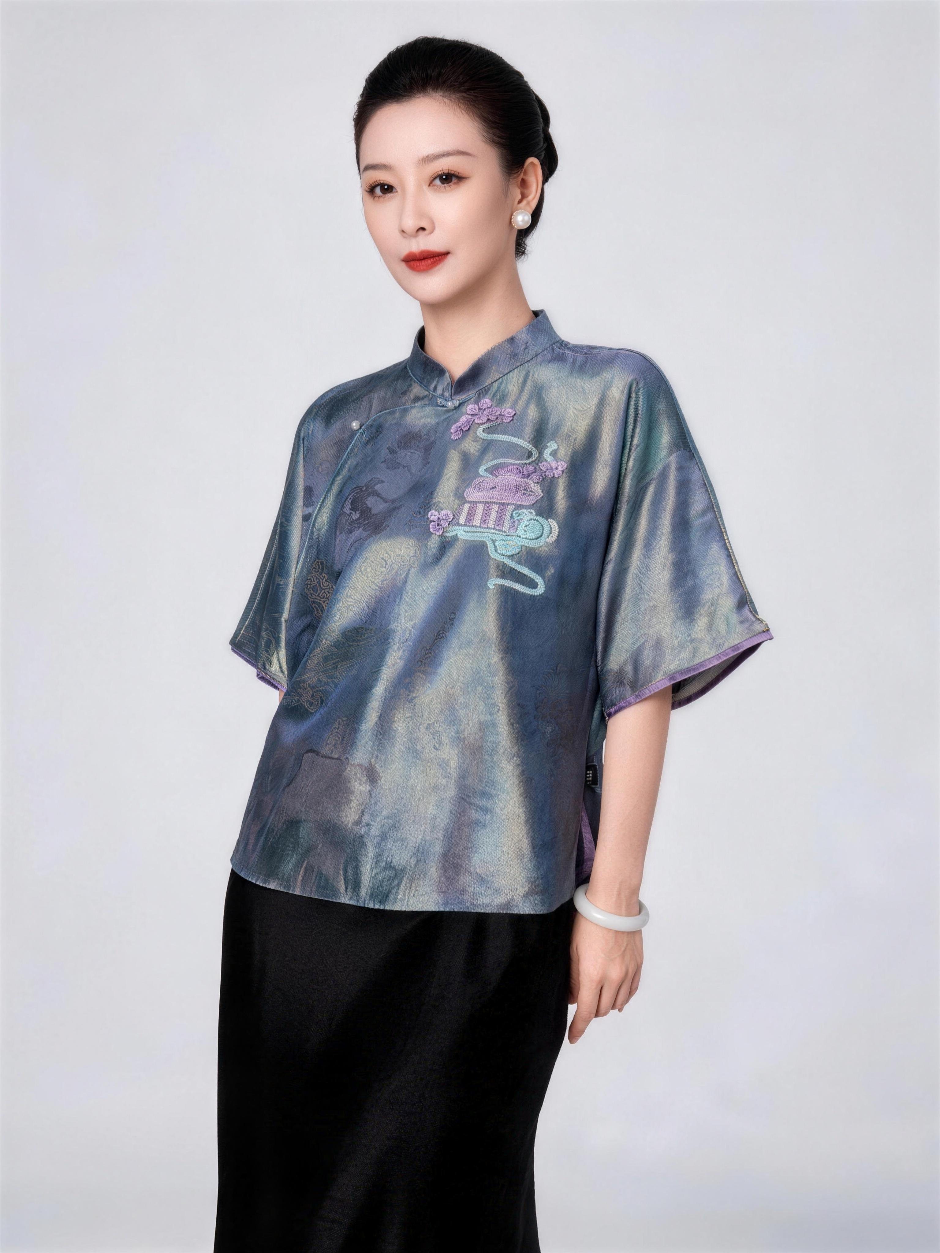 华韵风华·100%桑蚕丝真丝浮光锦新中式国风上衣女夏季新款高级感