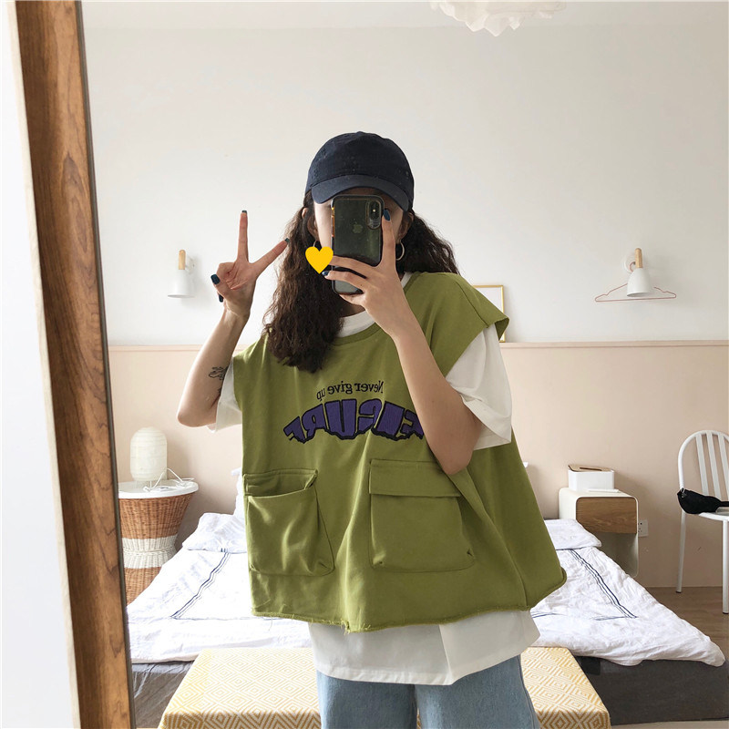 2019 summer new pattern the republic of korea Tooling wind printing pocket Sweater Vest White short-sleeved Tee Fashion Setin the Women's clothing/Boutique , Maga  category - from Buy2taobao.com to provide professional Taobao agent buy service