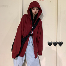 红色卫衣2020年新款春秋季韩版酒红上衣宽松学生拉链连帽薄外套女