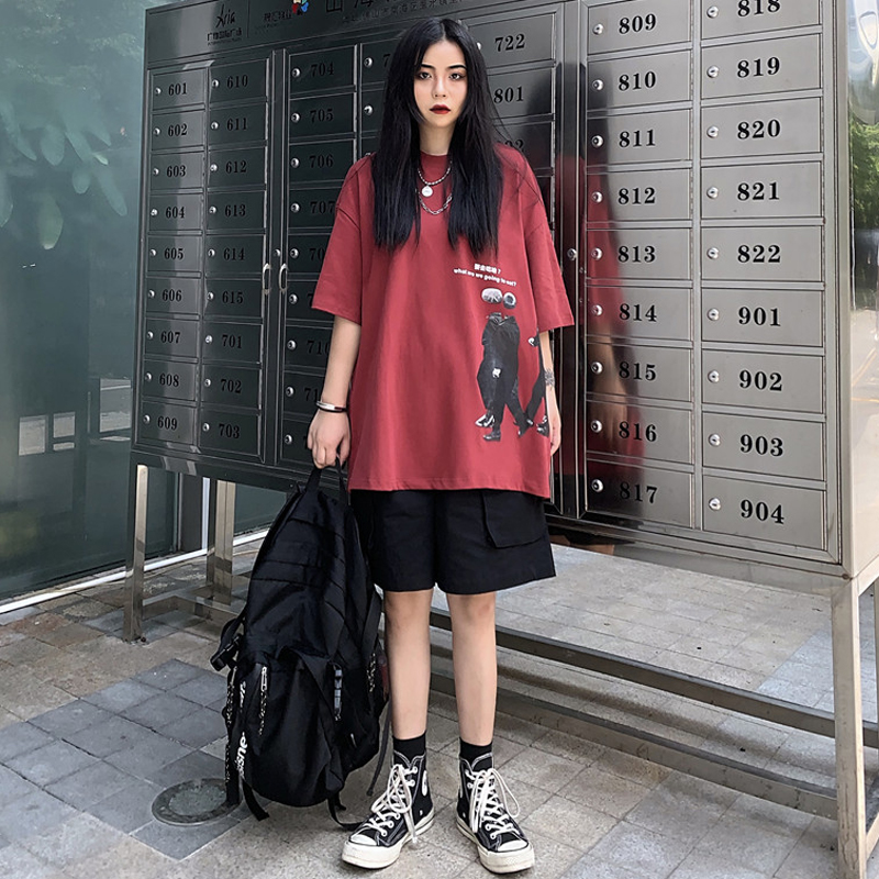 工装套装女潮bf风2019夏季个性复古印花短袖t恤+黑色阔腿裤五分裤12-02新券