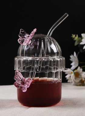 蝴蝶玻璃吸管杯带盖耐高温高硼硅玻璃杯带吸管耐高温玻璃杯