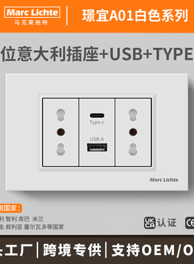 白色16A意大利插座118型二位意规三圆孔带USB+C充电电源智利面板