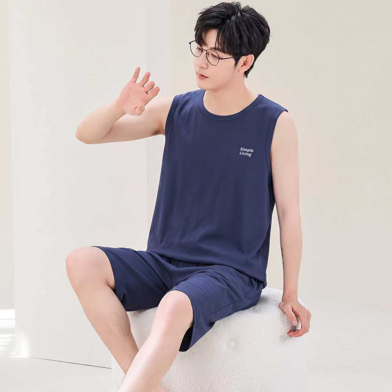 男款纯棉无袖睡衣套装夏薄款透气宽松大码运动风家居服两件套5XL
