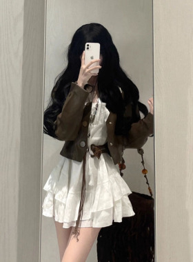 法式白色长袖连衣裙子女2025春秋季小个子仙女裙纯欲短款皮衣外套