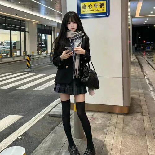 日系JK修身西装三件套格裙秋冬