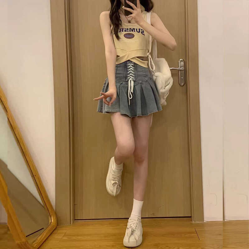 jk制服套装女学生日系学院风背心上衣牛仔百褶裙辣妹短裤两件套