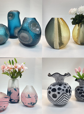 轻奢玻璃磨刻花瓶高级感水培插花家居现代创意客厅装饰品花器摆件