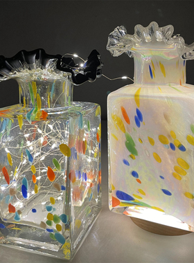 中古方形高级感幻彩芬顿琉璃玻璃花瓶摆件客厅插花鲜花花器摆件