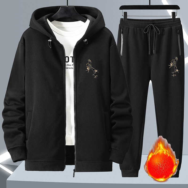 宸轩加肥加大休闲运动套装男加绒连帽开衫卫衣两件套秋冬大码宽松