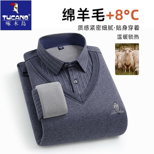 啄木鸟绵羊毛秋冬加绒保暖假两件毛衣男款中老年爸爸休闲保暖上衣