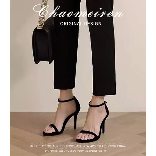 潮美人黑色一字带凉鞋女夏高跟鞋