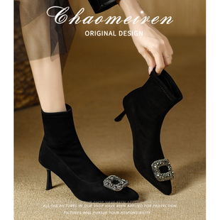 短靴女2025新款 春秋水钻扣细跟尖头高跟黑色弹力瘦瘦靴黑色马丁靴