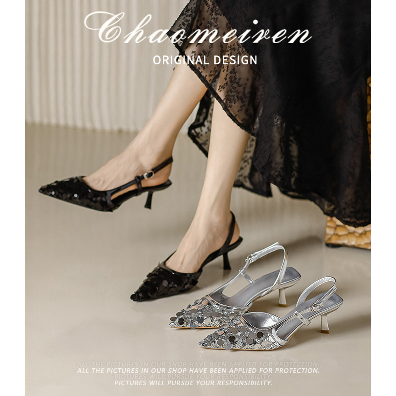 时尚气质包头凉鞋女2025年新款尖头一字带细跟高跟鞋子女夏季百搭