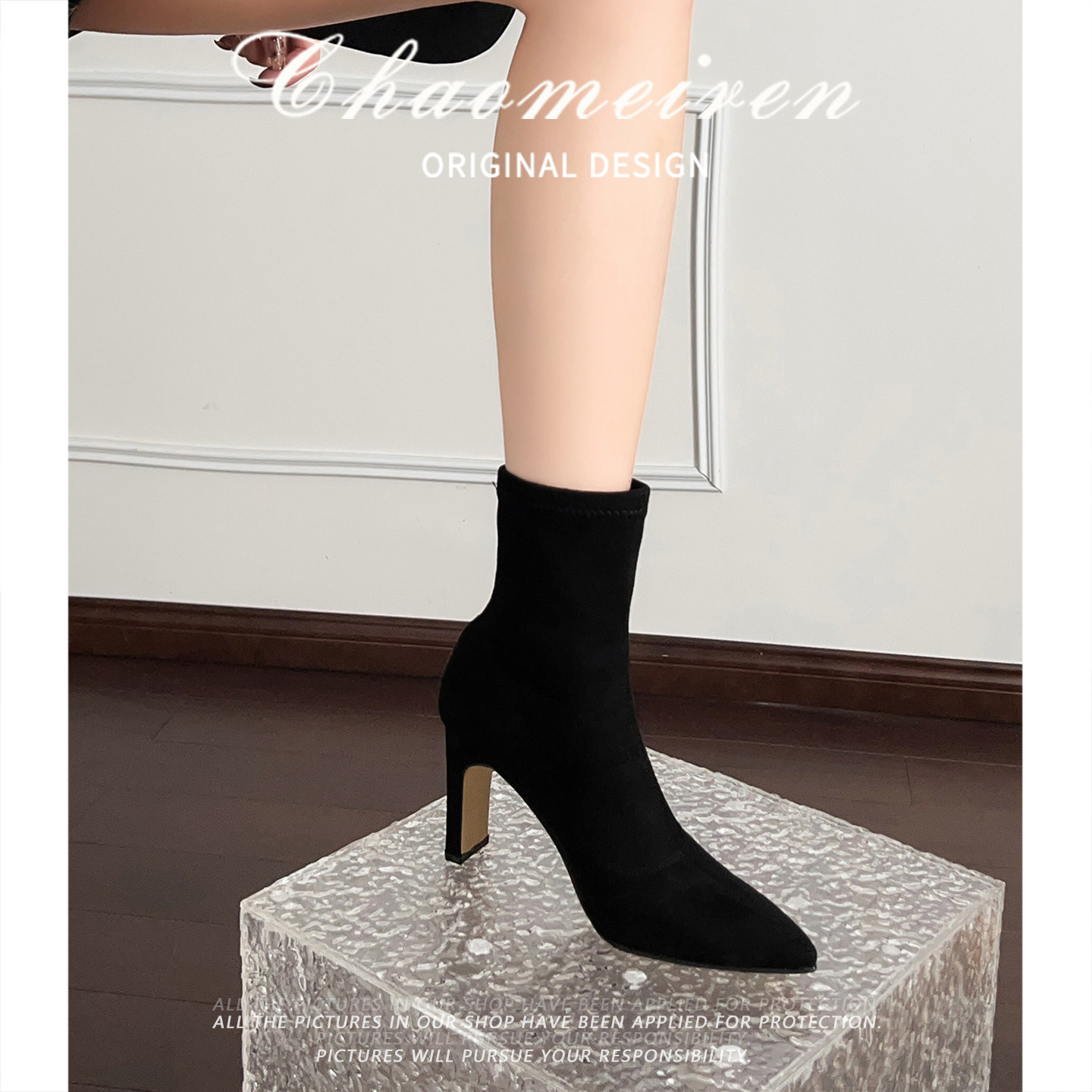 潮美人2026新款短靴百搭高跟鞋女秋冬尖头黑色粗跟显脚单鞋丁靴女