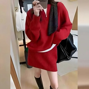 韩系灰色套头针织毛衣宽松慵懒风高腰短裙两件套装秋季穿搭新款女