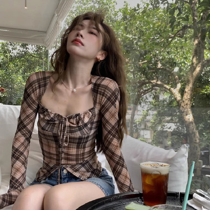 INS美式辣妹方领格子衬衫女设计感小众短款修身绑带防晒长袖上衣