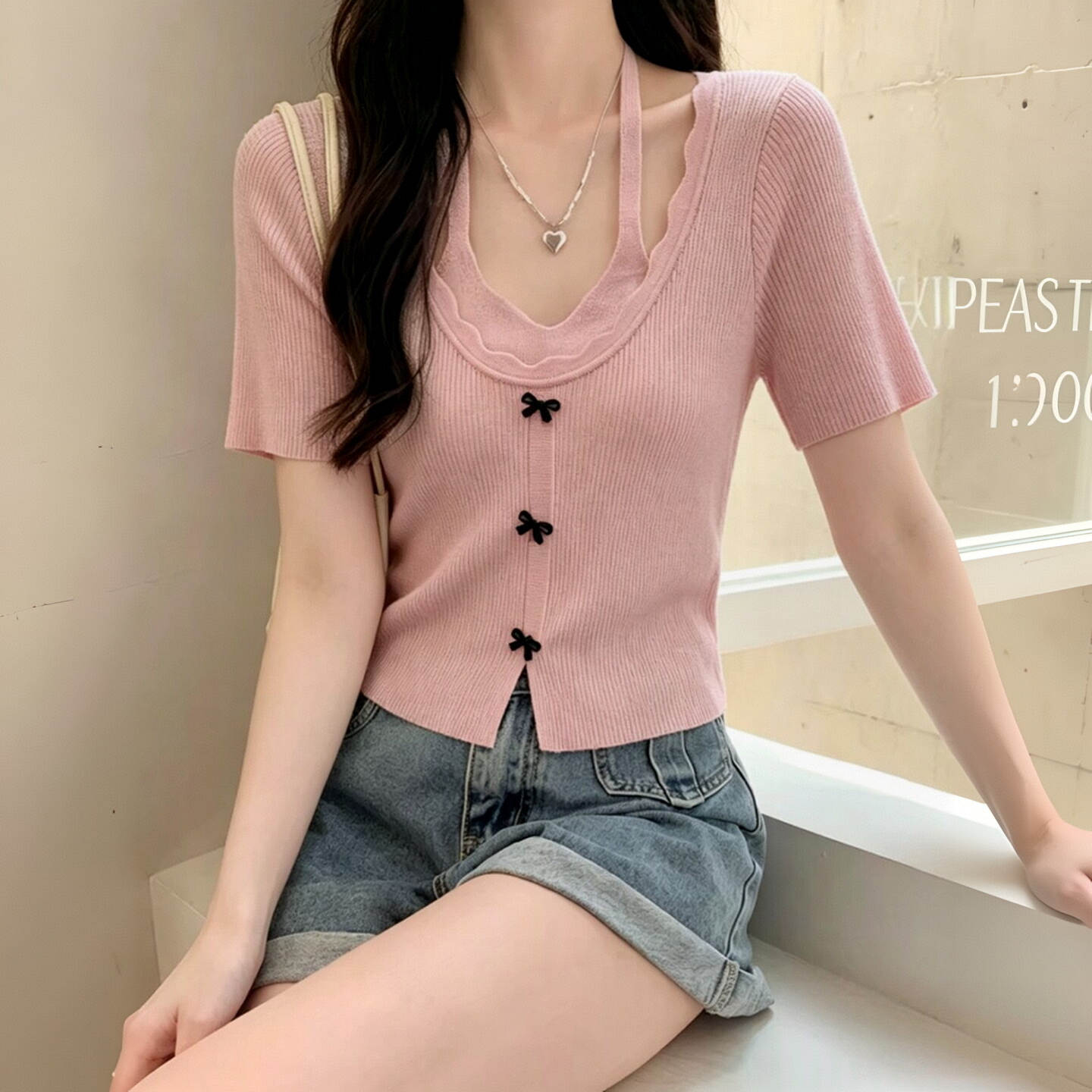 V领挂脖假两件蝴蝶结针织短袖女夏修身短款花边冰丝显瘦百搭上衣