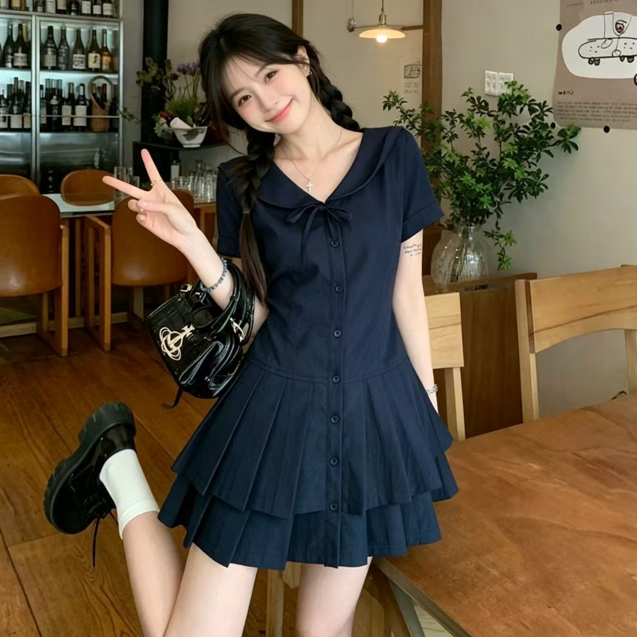 藏青色学院风连衣裙女夏季减龄收腰显瘦海军领百褶短款甜辣风裙子