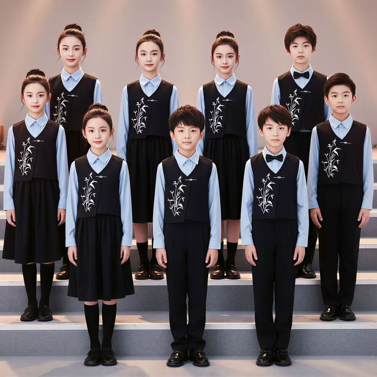 儿童小学生爱国合唱演出服蓝色中国风演讲朗诵比赛服装男女童礼服