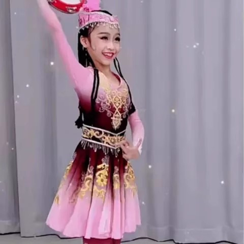 儿童花一样的姑娘舞蹈服装女童新疆舞演出服幼儿维吾尔族表演服
