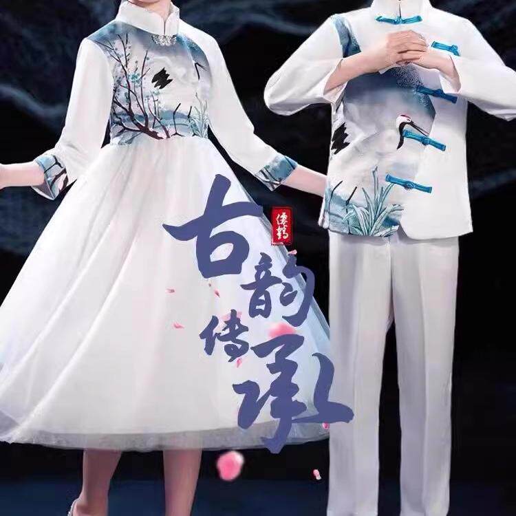 儿童中国风朗诵演出服长裙中小学生古筝表演服礼服汉服合唱青花瓷