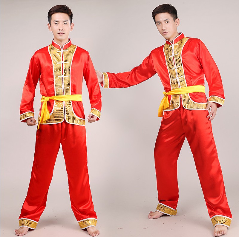 新款成人民族舞蹈表演出服装男快板舞台秧歌服 打鼓服 现代开场舞
