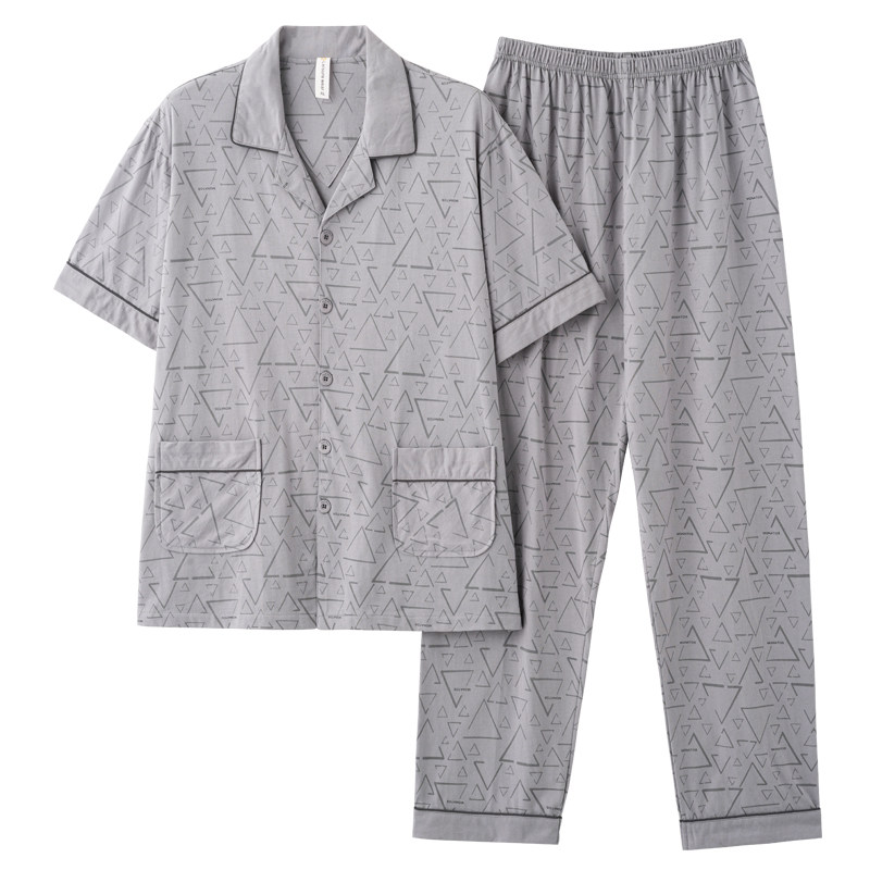 睡衣男100%纯棉短袖长裤全棉薄款夏天男款大码开衫家居服套装4XL