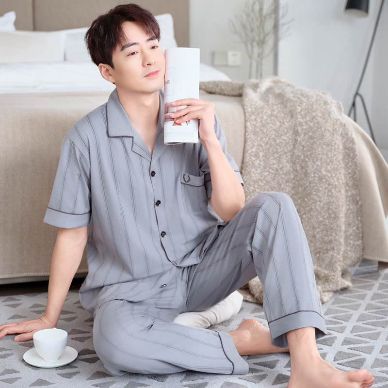 睡衣男夏季100%纯棉短袖长裤男士全棉薄款大码半袖家居服套装4XL