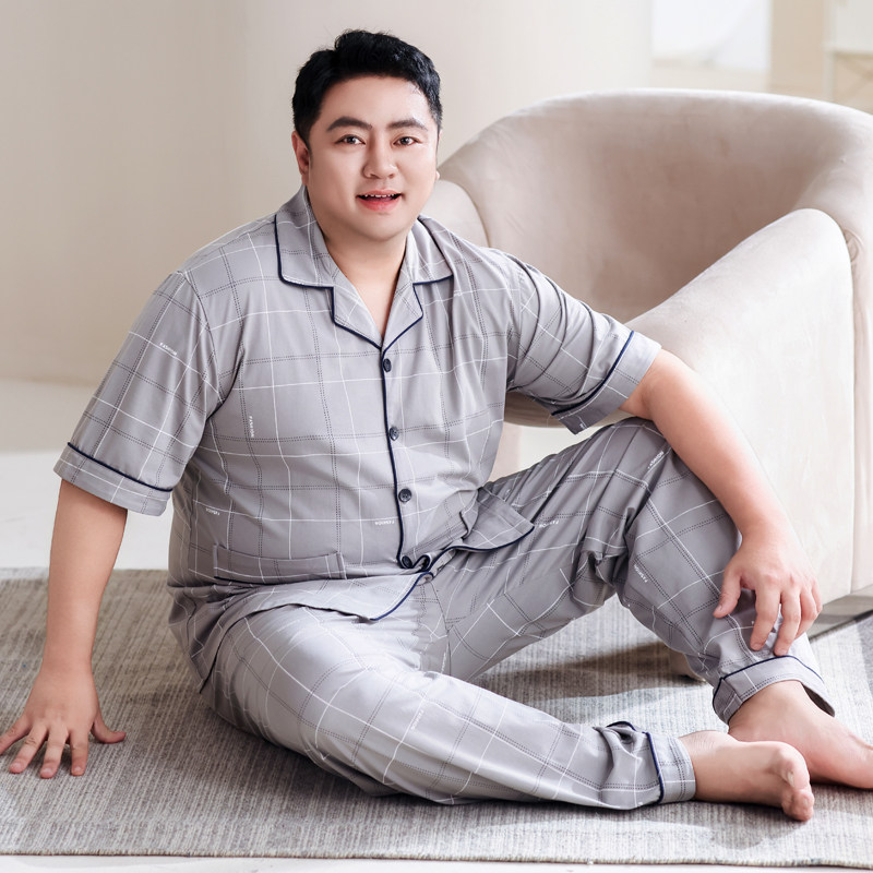 男士睡衣加肥加大码夏款100纯棉短袖长裤全棉格子家居服套装350斤
