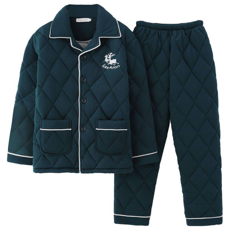 睡衣男士冬季三层加厚保暖里外100%纯棉夹棉袄冬天家居服套装4XL