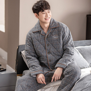 100%纯棉夹棉睡衣男冬季加厚三层2025年秋冬新款家居服男士冬款