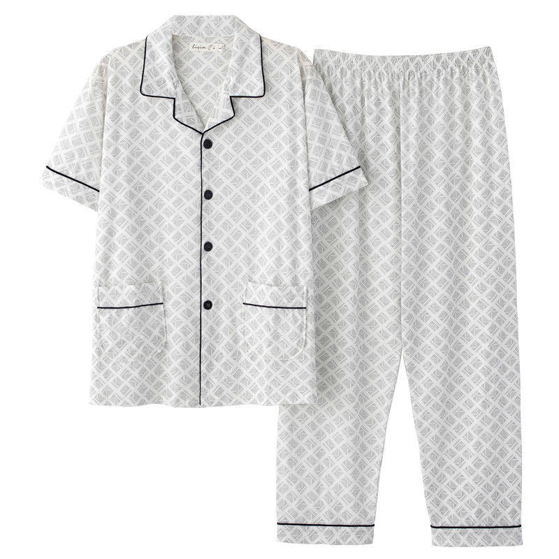 睡衣男士夏季100%纯棉短袖长裤全棉薄款夏天加肥加大码半袖家居服