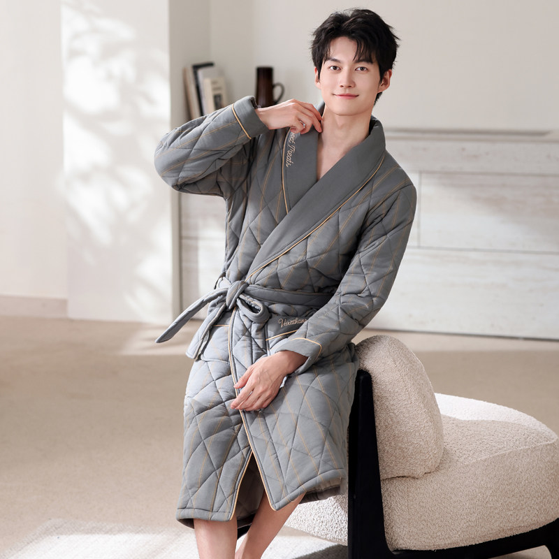 秋冬男士三层加厚保暖夹棉睡衣100纯棉睡袍全棉质棉袄家居服浴袍