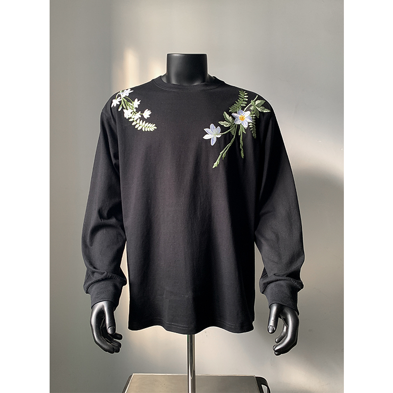 现货+夏秋前后片植绒绣花纯棉长袖T恤W1312/特P38，男装T恤，电商B350