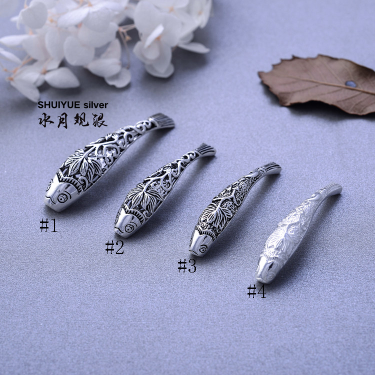 S925DIY配件材料 泰银素银鱼莲花银管横穿手串隔珠饰品