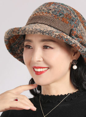 中老年帽子女洋气秋冬款盆帽妈妈帽毛呢女帽保暖防寒渔夫帽防风