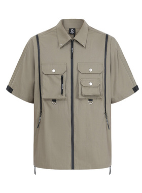 UPGREATED 严浩翔同款街头机能拉链多口袋休闲工装轻薄短袖衬衫