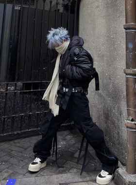 UPGREATED严浩翔同款高盎司水洗做旧猫须造型街头飘带长裤