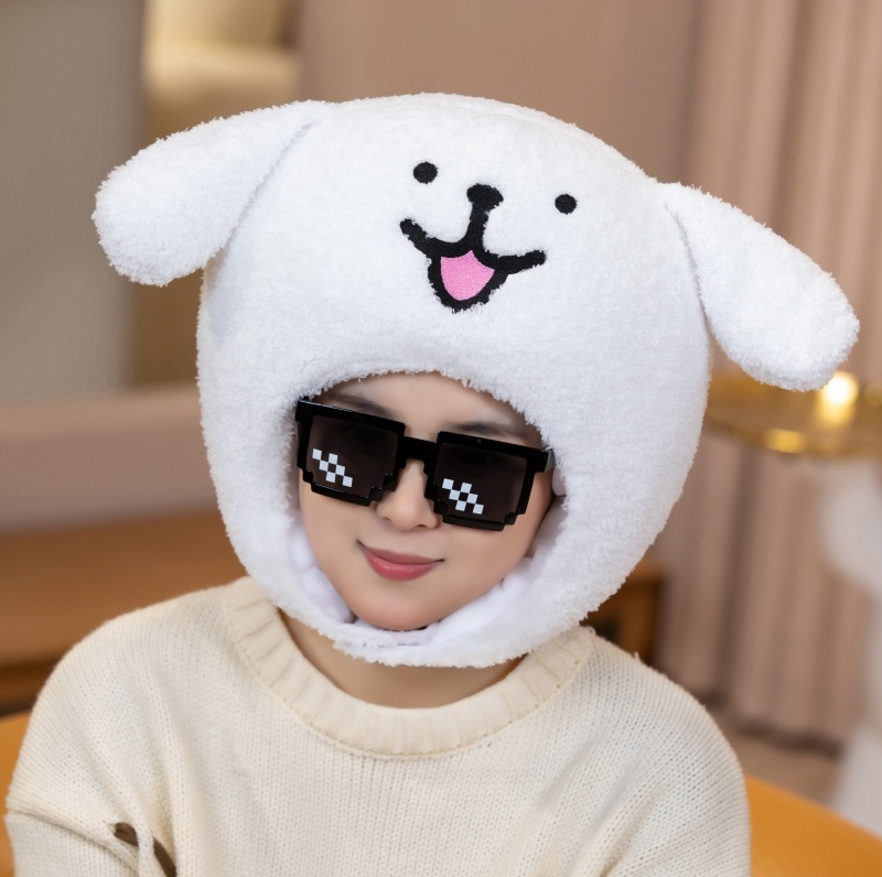 韩国ins毛绒搞怪可爱卡通白色线条狗头套帽子表演礼物拍照道具