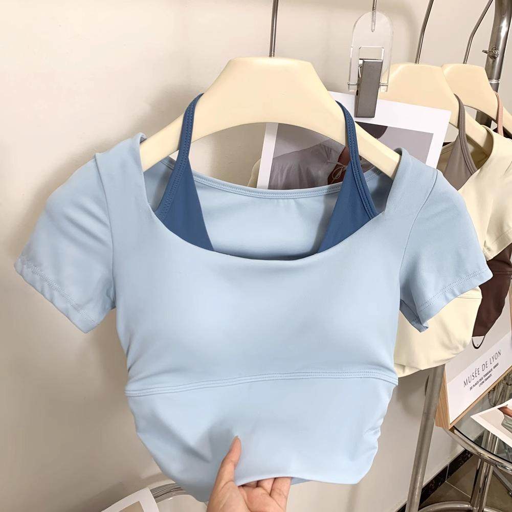 lu同款瑜伽短袖上衣假两件撞色显腰运动背心带胸垫跑步运动T恤,运动服/休闲服装,运动T恤,淘宝优惠券,粉丝福利购,淘宝优惠卷