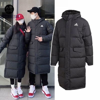 Adidas阿迪达斯冬季男女款户外防风保暖长款黑色连帽羽绒服GK0664