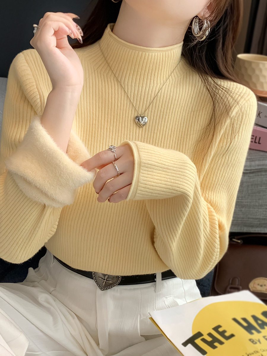 冬季新款一体绒半高领套头女士打底衫针织毛衣内搭上衣