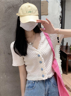 夏季木耳边短款上衣甜美辣妹V领短袖针织衫薄款小开衫