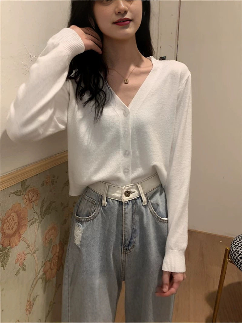 薄款针织开衫外套女早秋韩版宽松毛衣外穿短款百搭V领打底衫上衣