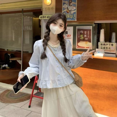 新款甜美蕾丝花边长袖衬衫女小个子短款娃娃衫衬衣设计感上衣